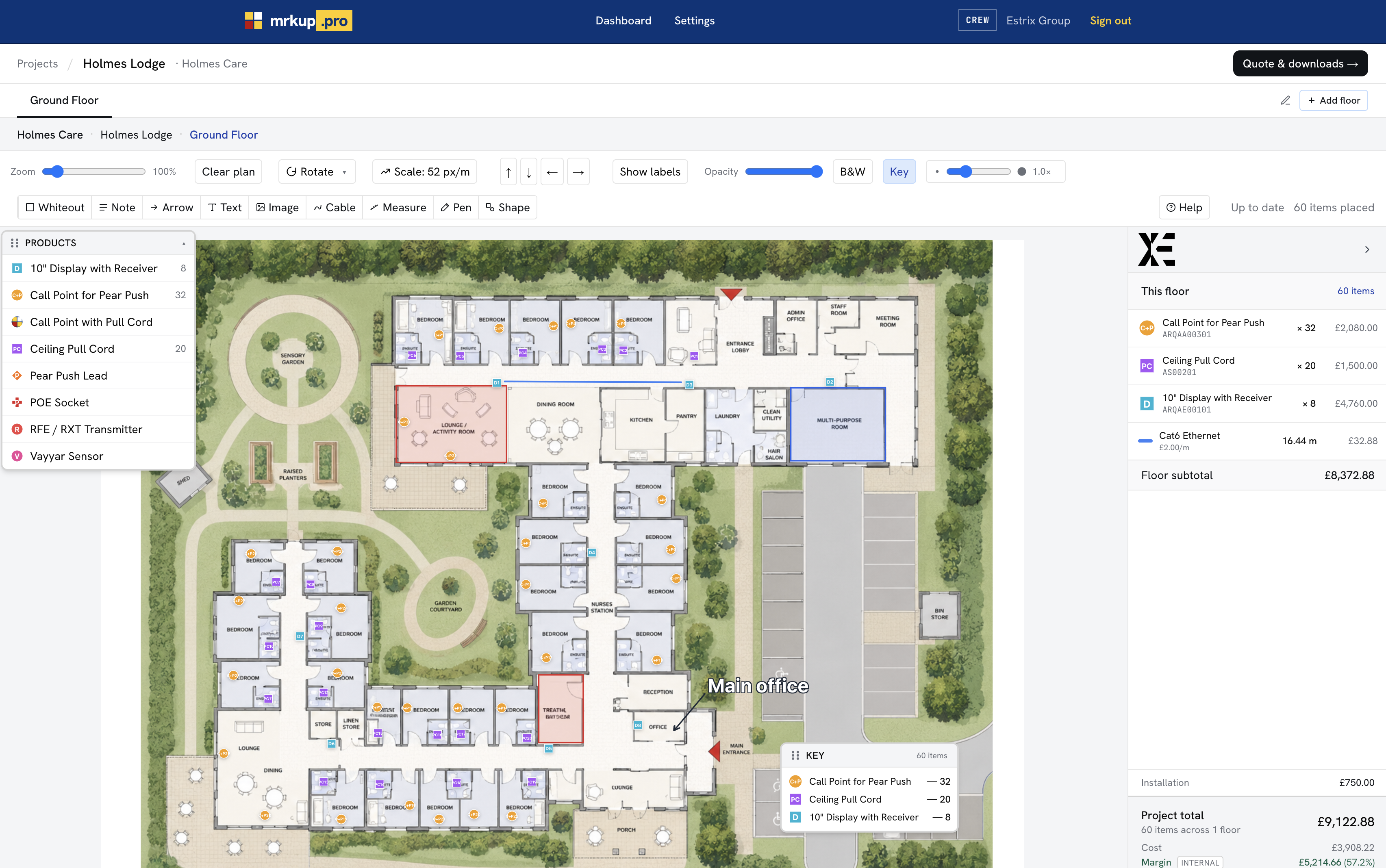 mrkup.pro canvas showing a care home floorplan marked up with call point, pull cord and display markers. A cable run runs across the upper corridor and the right sidebar shows the live equipment schedule and project total.